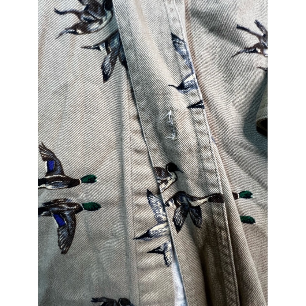 Mens Mallard Duck Flight Print Button Down Shirt Tan Cotton Canvas Hunting L - Picture 4 of 7